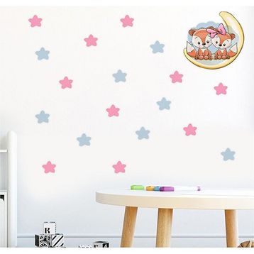 Tilki Dünyası S0021 ST Ay Üzerindeki Sevimli Tilkiler Mavi ve Pembe Yıldızlar Çocuk Odası Duvar Sticker
