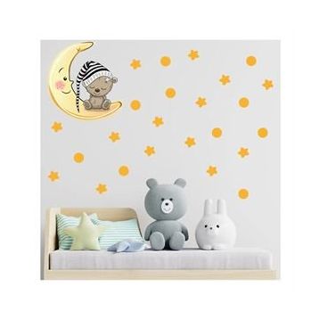 Tilki Dünyası S0070 ST Ay Üzerinde Uyuyan Sevimli Ayıcık Sarı Yıldızlar ve Puantiyeler Çocuk Odası Duvar Sticker