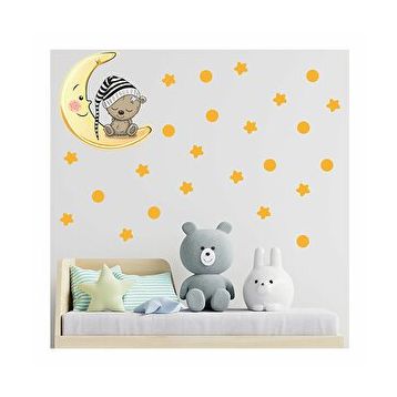 Tilki Dünyası S0070 ST Ay Üzerinde Uyuyan Sevimli Ayıcık Sarı Yıldızlar ve Puantiyeler Çocuk Odası Duvar Sticker