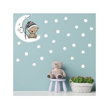 Tilki Dünyası S0071 ST Ay Üzerinde Uyuyan Sevimli Ayıcık Beyaz Yıldızlar ve Puantiyeler Çocuk Odası Duvar Sticker