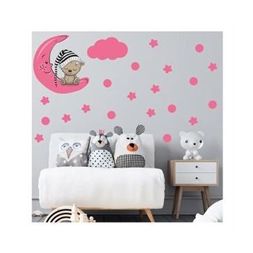 Tilki Dünyası S0073 ST Ay Üzerinde Uyuyan Sevimli Ayıcık Pembe Yıldızlar ve Puantiyeler Çocuk Odası Duvar Sticker