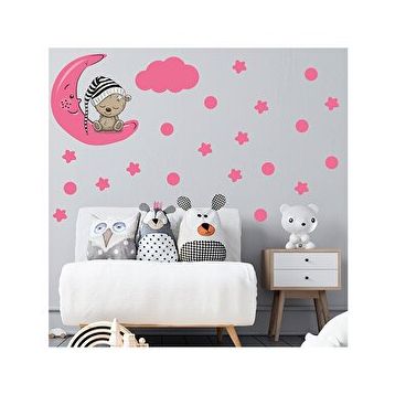 Tilki Dünyası S0073 ST Ay Üzerinde Uyuyan Sevimli Ayıcık Pembe Yıldızlar ve Puantiyeler Çocuk Odası Duvar Sticker