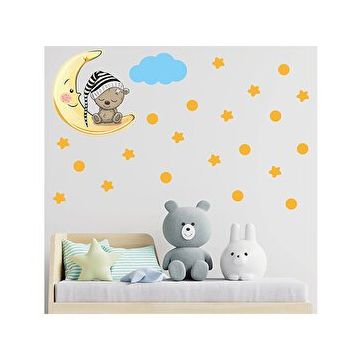 Tilki Dünyası S0086 ST Ay Üzerinde Uyuyan Sevimli Ayıcık Sarı Yıldızlar Puantiyeler ve Mavi Bulut Çocuk Odası Duvar Sticker