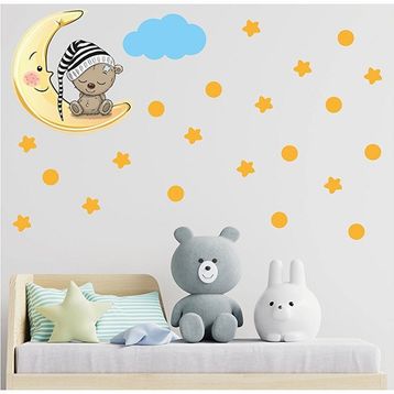Tilki Dünyası S0086 ST Ay Üzerinde Uyuyan Sevimli Ayıcık Sarı Yıldızlar Puantiyeler ve Mavi Bulut Çocuk Odası Duvar Sticker