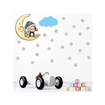 Tilki Dünyası S0087 ST Ay Üzerinde Uyuyan Sevimli Maymun Gri Yıldızlar Puantiyeler ve Mavi Bulut Çocuk Odası Duvar Sticker