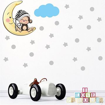 Tilki Dünyası S0087 ST Ay Üzerinde Uyuyan Sevimli Maymun Gri Yıldızlar Puantiyeler ve Mavi Bulut Çocuk Odası Duvar Sticker