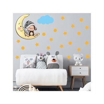 Tilki Dünyası S0088 ST Ay Üzerinde Uyuyan Sevimli Maymun Sarı Yıldızlar Puantiyeler ve Mavi Bulut Çocuk Odası Duvar Sticker