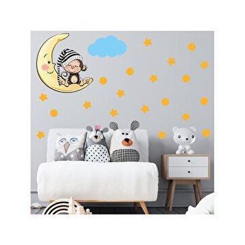 Tilki Dünyası S0088 ST Ay Üzerinde Uyuyan Sevimli Maymun Sarı Yıldızlar Puantiyeler ve Mavi Bulut Çocuk Odası Duvar Sticker