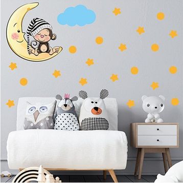 Tilki Dünyası S0088 ST Ay Üzerinde Uyuyan Sevimli Maymun Sarı Yıldızlar Puantiyeler ve Mavi Bulut Çocuk Odası Duvar Sticker
