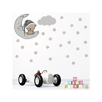 Tilki Dünyası S0089 ST Ay Üzerinde Uyuyan Sevimli Ayıcık Gri Yıldızlar Puantiyeler ve Gri Bulut Çocuk Odası Duvar Sticker