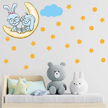 Tilki Dünyası S0091 ST Ay Üzerinde Oturan Sevimli Tavşanlar Duvar Sticker