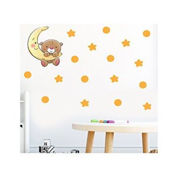 Tilki Dünyası S0101 ST Ay Üzerinden Sarkan Sevimli Ayıcık Sarı Yıldızlar ve Puantiyeler Çocuk Odası Duvar Sticker