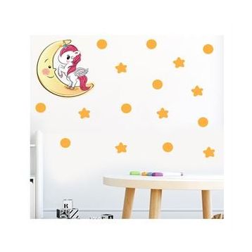 Tilki Dünyası S0102 ST Ay Üzerindeki Sevimli Unicorn Çocuk Odası Duvar Sticker