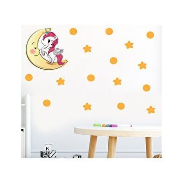 Tilki Dünyası S0102 ST Ay Üzerindeki Sevimli Unicorn Çocuk Odası Duvar Sticker