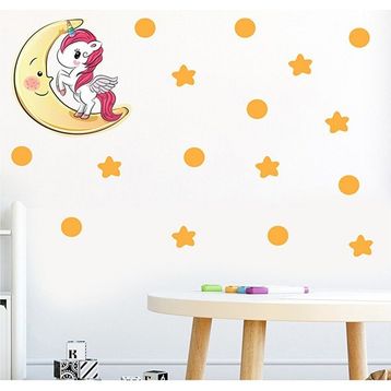 Tilki Dünyası S0102 ST Ay Üzerindeki Sevimli Unicorn Çocuk Odası Duvar Sticker