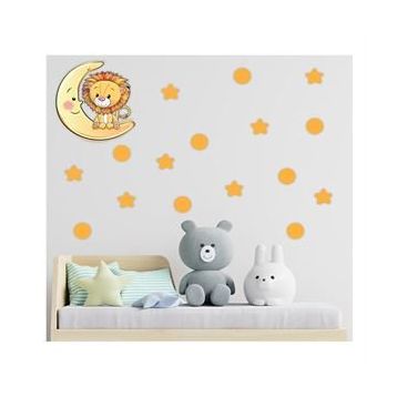 Tilki Dünyası S0104 ST Ay Üzerindeki Sevimli Aslan Sarı Yıldızlar ve Puantiyeler Çocuk Odası Duvar Sticker