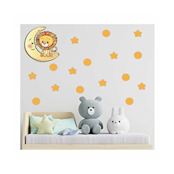 Tilki Dünyası S0104 ST Ay Üzerindeki Sevimli Aslan Sarı Yıldızlar ve Puantiyeler Çocuk Odası Duvar Sticker