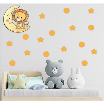 Tilki Dünyası S0104 ST Ay Üzerindeki Sevimli Aslan Sarı Yıldızlar ve Puantiyeler Çocuk Odası Duvar Sticker
