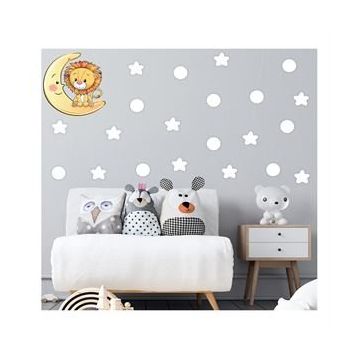 Tilki Dünyası S0105 ST Ay Üzerindeki Sevimli Aslan Beyaz Yıldızlar ve Puantiyeler Çocuk Odası Duvar Sticker