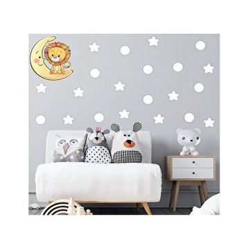 Tilki Dünyası S0105 ST Ay Üzerindeki Sevimli Aslan Beyaz Yıldızlar ve Puantiyeler Çocuk Odası Duvar Sticker