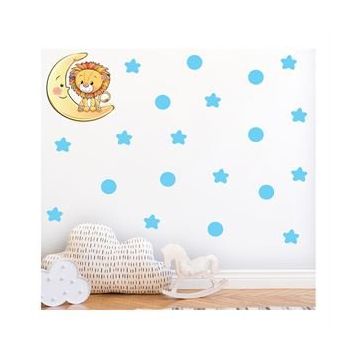 Tilki Dünyası S0106 ST Ay Üzerindeki Sevimli Aslan Mavi Yıldızlar ve Puantiyeler Çocuk Odası Duvar Sticker