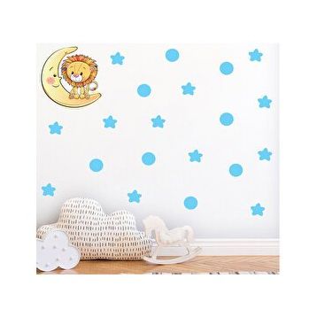 Tilki Dünyası S0106 ST Ay Üzerindeki Sevimli Aslan Mavi Yıldızlar ve Puantiyeler Çocuk Odası Duvar Sticker