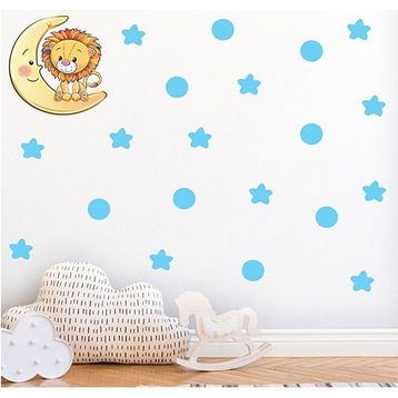Tilki Dünyası S0106 ST Ay Üzerindeki Sevimli Aslan Mavi Yıldızlar ve Puantiyeler Çocuk Odası Duvar Sticker