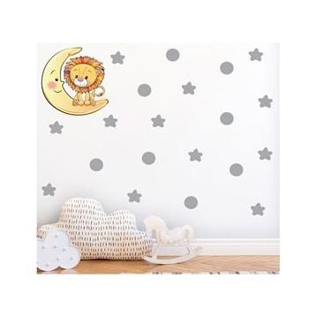 Tilki Dünyası S0107 ST Ay Üzerindeki Sevimli Aslan Gri Yıldızlar ve Puantiyeler Çocuk Odası Duvar Sticker