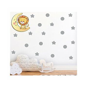 Tilki Dünyası S0107 ST Ay Üzerindeki Sevimli Aslan Gri Yıldızlar ve Puantiyeler Çocuk Odası Duvar Sticker