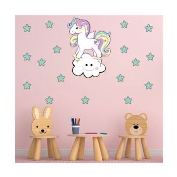 Tilki Dünyası S0111 ST Sevimli Unicorn Gülen Beyaz Bulut Yeşil Yıldızlar Çocuk Odası Duvar Sticker