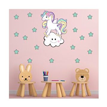 Tilki Dünyası S0111 ST Sevimli Unicorn Gülen Beyaz Bulut Yeşil Yıldızlar Çocuk Odası Duvar Sticker