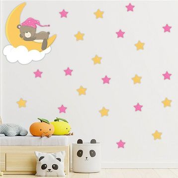Tilki Dünyası S0112 ST Ay Üzerinde Uyuyan Sevimli Ayıcık Çocuk Odası Duvar Sticker