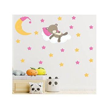 Tilki Dünyası S0113 ST Bulut Üzerinde Uyuyan Ayıcık Sevimli Ay Pembe Ve Sarı Yıldızlar Çocuk Odası Duvar Sticker