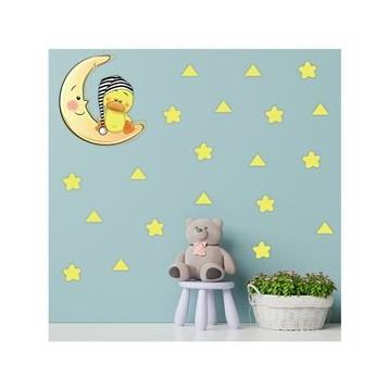 Tilki Dünyası S0114 ST Ay Üzerinde Uyuyan Sevimli Ördek Sarı Yıldız ve Üçgenler Çocuk Odası Duvar Sticker