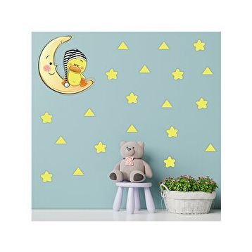 Tilki Dünyası S0114 ST Ay Üzerinde Uyuyan Sevimli Ördek Sarı Yıldız ve Üçgenler Çocuk Odası Duvar Sticker