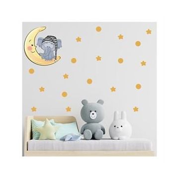 Tilki Dünyası S0116 ST Ay Üzerinde Uyuyan Sevimli Fil Çocuk Odası Duvar Sticker