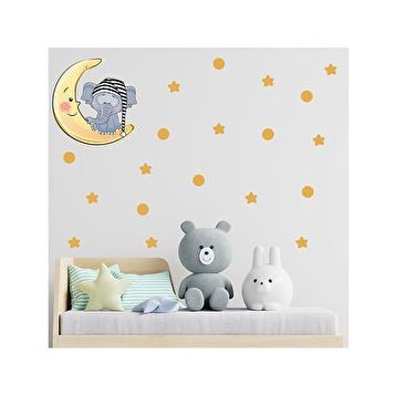 Tilki Dünyası S0116 ST Ay Üzerinde Uyuyan Sevimli Fil Çocuk Odası Duvar Sticker