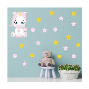 Tilki Dünyası S0206 ST Sevimli Unicorn Pembe ve Sarı Renk Yıldızlar ve Puantiyeler Çocuk Odası Duvar Sticker