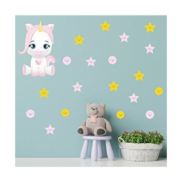 Tilki Dünyası S0206 ST Sevimli Unicorn Pembe ve Sarı Renk Yıldızlar ve Puantiyeler Çocuk Odası Duvar Sticker