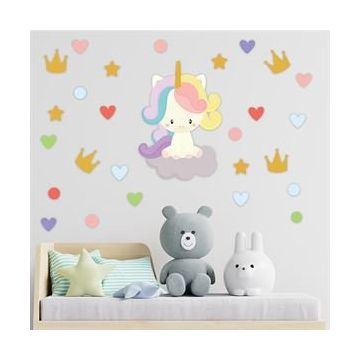 Tilki Dünyası S0327 ST Sevimli Unicorn Taç Kalpler ve Puantiyeler Çocuk Odası Duvar Sticker Çocuk Odası Duvar Sticker