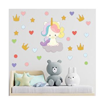 Tilki Dünyası S0327 ST Sevimli Unicorn Taç Kalpler ve Puantiyeler Çocuk Odası Duvar Sticker Çocuk Odası Duvar Sticker