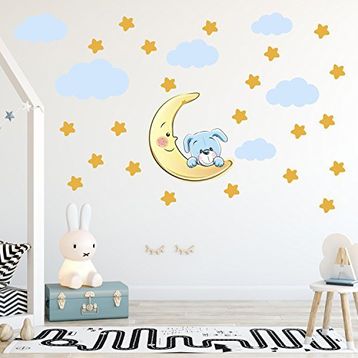 Tilki Dünyası Sevimli Köpekcik Sarı Yıldızlar ve Mavi Bulutlar Dekoratif Bebek Çocuk Odası Duvar Stickerı