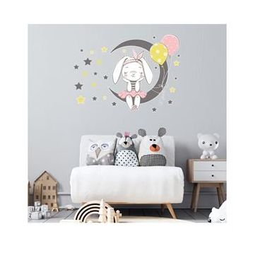 Tilki Dünyası T0333 ST Ay Üzerinde Oturan Sevimli Tavşan Duvar Sticker