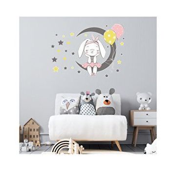 Tilki Dünyası T0333 ST Ay Üzerinde Oturan Sevimli Tavşan Duvar Sticker