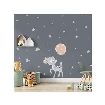 Tilki Dünyası T0334 ST Sevimli Ceylan Yavrusu Balon ve Yıldızlar Çocuk Odası Duvar Sticker