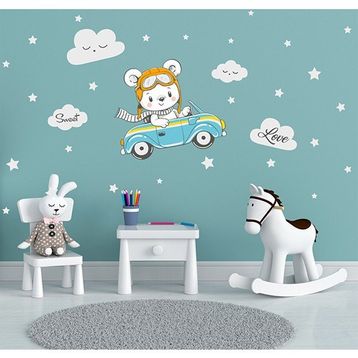 Tilki Dünyası T0337 ST Arabada Gezen Ayıcık Çocuk Duvar Sticker