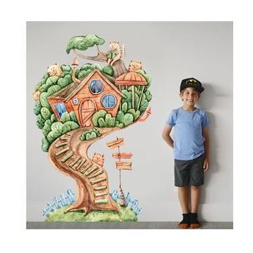 Tilki Dünyası T0357 ST Ağaç Ev ve Kediler Çocuk Odası Duvar Sticker