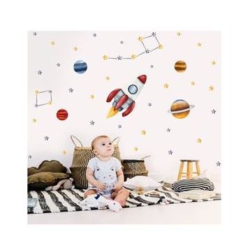 Tilki Dünyası T0361 ST Uzay Aracı Gezegenler Sarı ve Gri Yıldızlar Çocuk Odası Duvar Sticker