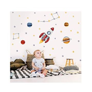 Tilki Dünyası T0361 ST Uzay Aracı Gezegenler Sarı ve Gri Yıldızlar Çocuk Odası Duvar Sticker