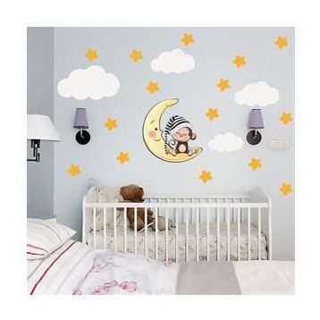 Tilki Dünyası TILKI-74821 Uyuyan Maymun Yıldız Bulut Set Bebek Çocuk Odası Duvar Sticker